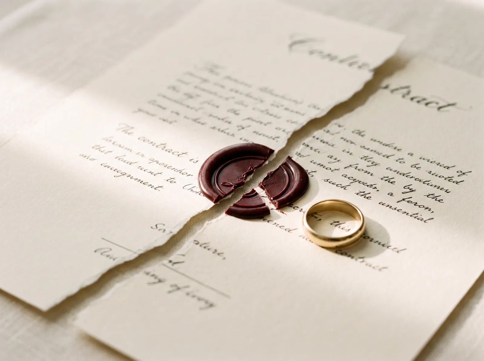 A torn contract with a cracked wax seal and a gold ring