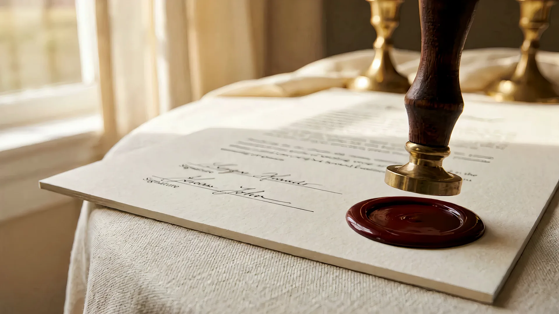 A brass stamp pressing a red wax seal onto a signed contract